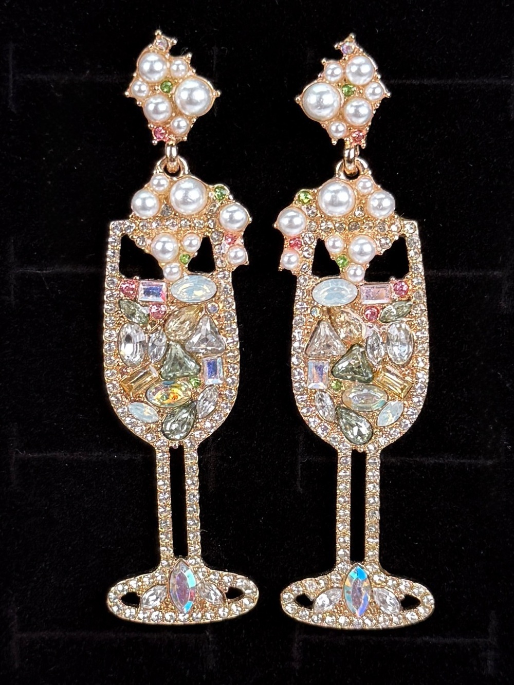 Goldtone faux pearl, colored bling champagne glass pierced earrings
